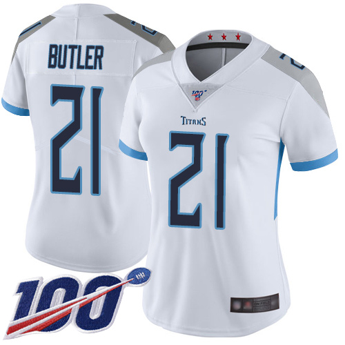 Nike Titans #21 Malcolm Butler White Women's Stitched NFL 100th Season Vapor Limited Jersey