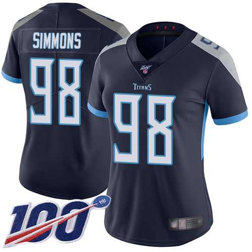 Nike Titans #98 Jeffery Simmons Navy Blue Team Color Women's Stitched NFL 100th Season Vapor Limited Jersey