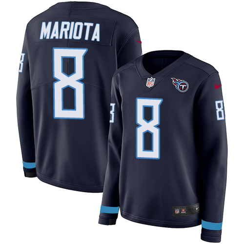 Nike Titans #8 Marcus Mariota Navy Blue Team Color Women's Stitched NFL Limited Therma Long Sleeve Jersey