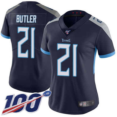 Nike Titans #21 Malcolm Butler Navy Blue Team Color Women's Stitched NFL 100th Season Vapor Limited Jersey