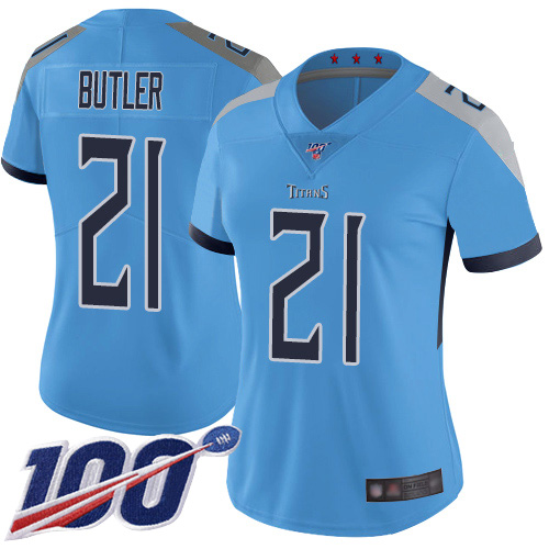 Nike Titans #21 Malcolm Butler Light Blue Alternate Women's Stitched NFL 100th Season Vapor Limited Jersey