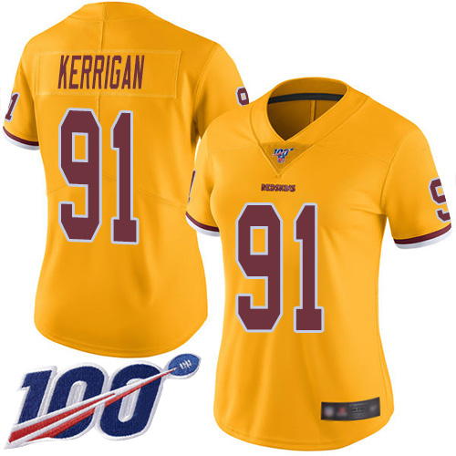 Nike Redskins #91 Ryan Kerrigan Gold Women's Stitched NFL Limited Rush 100th Season Jersey