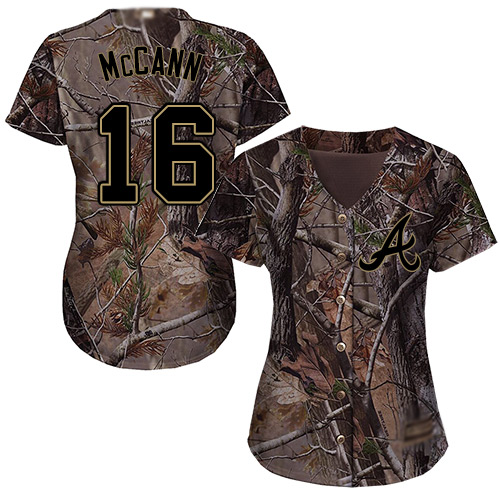 Braves #16 Brian McCann Camo Realtree Collection Cool Base Women's Stitched MLB Jersey