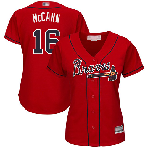 Braves #16 Brian McCann Red Alternate Women's Stitched MLB Jersey