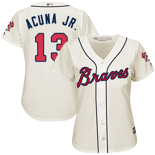 Braves #13 Ronald Acuna Jr. Cream Alternate Women's Stitched MLB Jersey