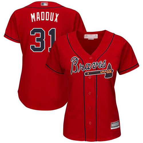 Braves #31 Greg Maddux Red Alternate Women's Stitched MLB Jersey