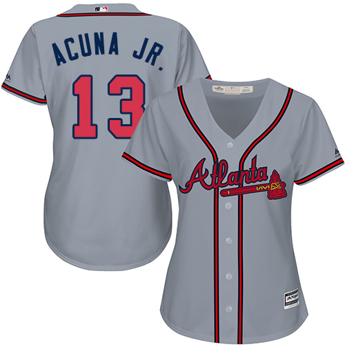 Braves #13 Ronald Acuna Jr. Grey Road Women's Stitched MLB Jersey