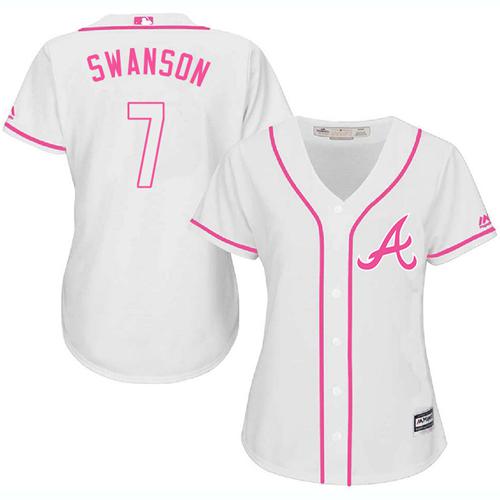 Braves #7 Dansby Swanson White/Pink Fashion Women's Stitched MLB Jersey