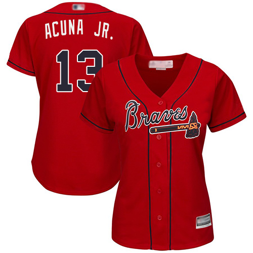 Braves #13 Ronald Acuna Jr. Red Alternate Women's Stitched MLB Jersey