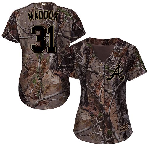 Braves #31 Greg Maddux Camo Realtree Collection Cool Base Women's Stitched MLB Jersey