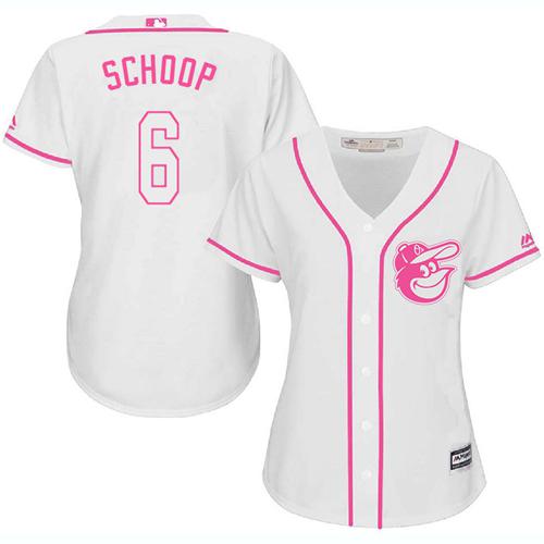 Orioles #6 Jonathan Schoop White/Pink Fashion Women's Stitched MLB Jersey