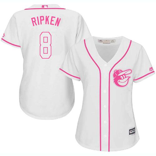 Orioles #8 Cal Ripken White/Pink Fashion Women's Stitched MLB Jersey