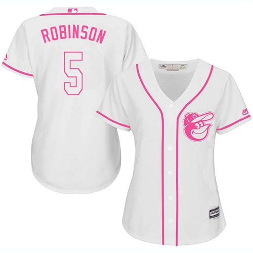Orioles #5 Brooks Robinson White/Pink Fashion Women's Stitched MLB Jersey