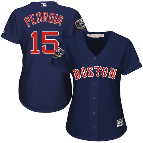 Red Sox #15 Dustin Pedroia Navy Blue Alternate 2018 World Series Women's Stitched MLB Jersey