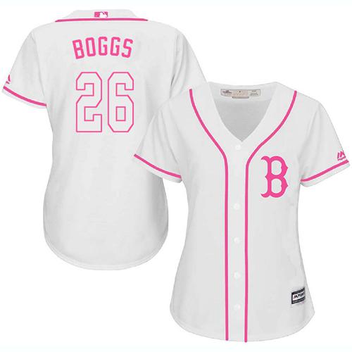 Red Sox #26 Wade Boggs White/Pink Fashion Women's Stitched MLB Jersey