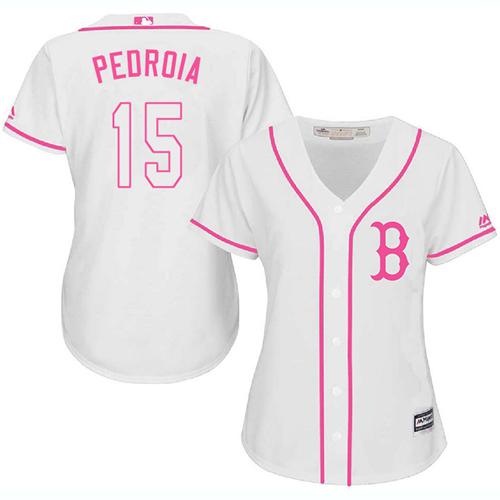 Red Sox #15 Dustin Pedroia White/Pink Fashion Women's Stitched MLB Jersey