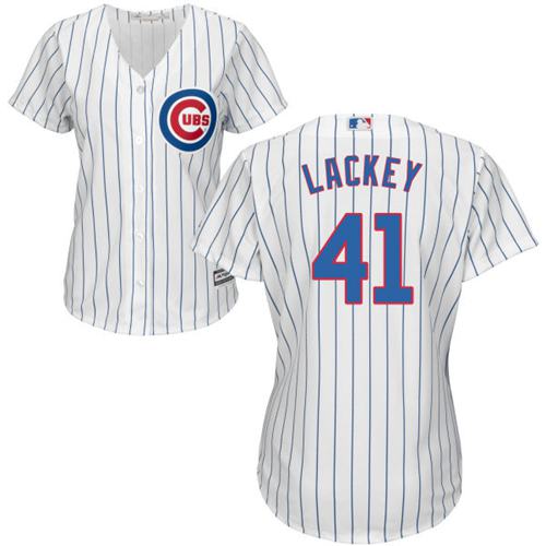Cubs #41 John Lackey White(Blue Strip) Home Women's Stitched MLB Jersey