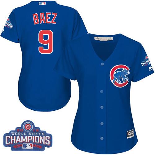 Cubs #9 Javier Baez Blue Alternate 2016 World Series Champions Women's Stitched MLB Jersey