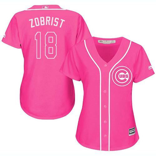Cubs #18 Ben Zobrist Pink Fashion Women's Stitched MLB Jersey