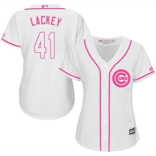 Cubs #41 John Lackey White/Pink Fashion Women's Stitched MLB Jersey