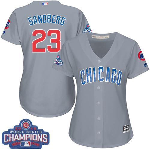 Cubs #23 Ryne Sandberg Grey Road 2016 World Series Champions Women's Stitched MLB Jersey