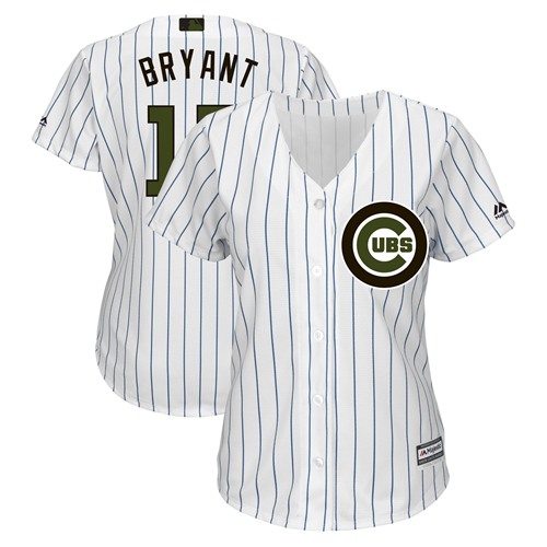 Cubs #17 Kris Bryant White(Blue Strip) 2018 Memorial Day Cool Base Women's Stitched MLB Jersey