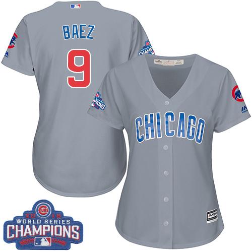 Cubs #9 Javier Baez Grey Road 2016 World Series Champions Women's Stitched MLB Jersey