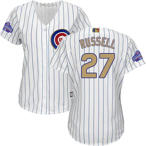 Cubs #27 Addison Russell White(Blue Strip) 2017 Gold Program Cool Base Women's Stitched MLB Jersey