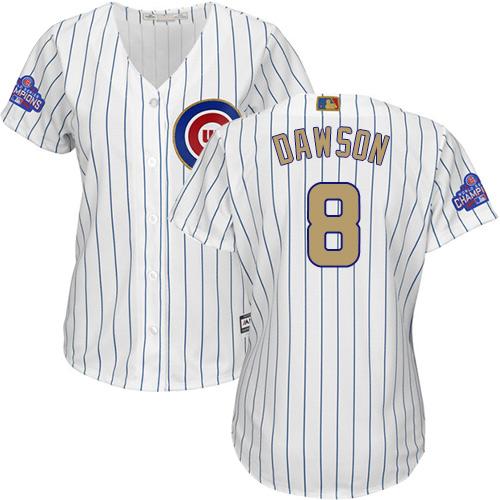 Cubs #8 Andre Dawson White(Blue Strip) 2017 Gold Program Cool Base Women's Stitched MLB Jersey