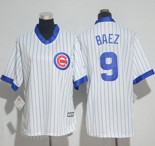 Cubs #9 Javier Baez White(Blue Strip) Cooperstown Women's Stitched MLB Jersey