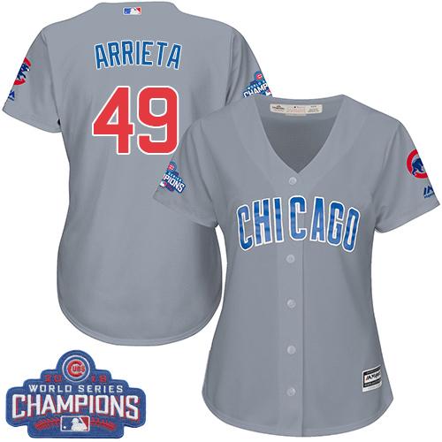 Cubs #49 Jake Arrieta Grey Road 2016 World Series Champions Women's Stitched MLB Jersey
