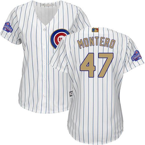 Cubs #47 Miguel Montero White(Blue Strip) 2017 Gold Program Cool Base Women's Stitched MLB Jersey