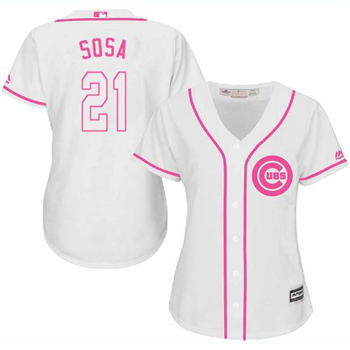 Cubs #21 Sammy Sosa White/Pink Fashion Women's Stitched MLB Jersey