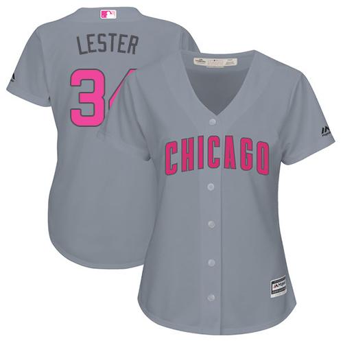 Cubs #34 Jon Lester Grey Mother's Day Cool Base Women's Stitched MLB Jersey