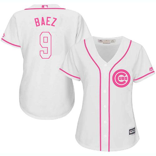 Cubs #9 Javier Baez White/Pink Fashion Women's Stitched MLB Jersey