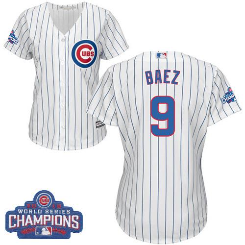 Cubs #9 Javier Baez White(Blue Strip) Home 2016 World Series Champions Women's Stitched MLB Jersey
