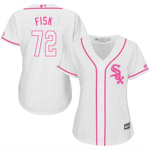 White Sox #72 Carlton Fisk White/Pink Fashion Women's Stitched MLB Jersey