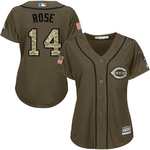 Reds #14 Pete Rose Green Salute to Service Women's Stitched MLB Jersey