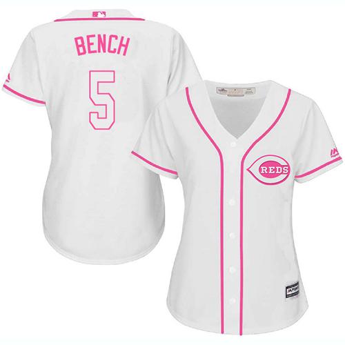 Reds #5 Johnny Bench White/Pink Fashion Women's Stitched MLB Jersey