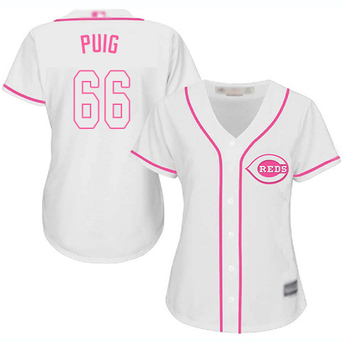 Reds #66 Yasiel Puig White/Pink Fashion Women's Stitched MLB Jersey