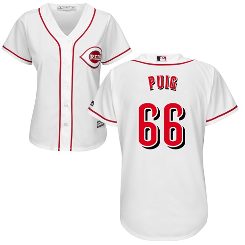 Reds #66 Yasiel Puig White Home Women's Stitched MLB Jersey