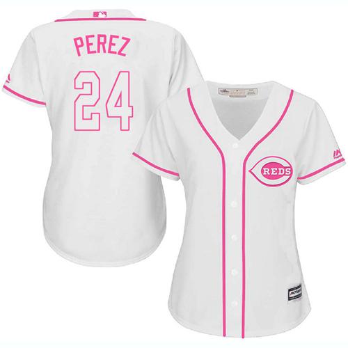Reds #24 Tony Perez White/Pink Fashion Women's Stitched MLB Jersey