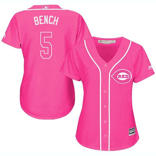 Reds #5 Johnny Bench Pink Fashion Women's Stitched MLB Jersey