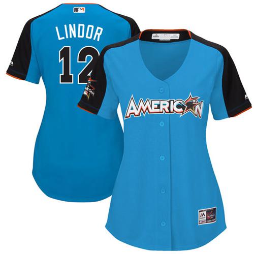 Indians #12 Francisco Lindor Blue 2017 All-Star American League Women's Stitched MLB Jersey