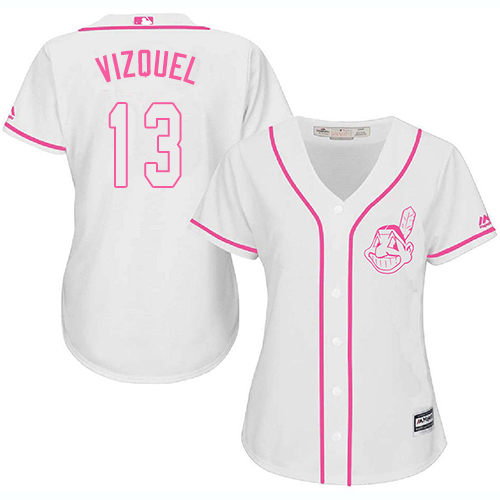 Indians #13 Omar Vizquel White/Pink Fashion Women's Stitched MLB Jersey
