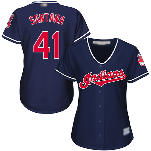 Indians #41 Carlos Santana Navy Blue Alternate Women's Stitched MLB Jersey