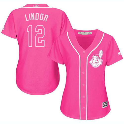 Indians #12 Francisco Lindor Pink Fashion Women's Stitched MLB Jersey