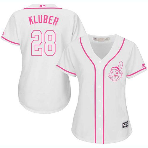 Indians #28 Corey Kluber White/Pink Fashion Women's Stitched MLB Jersey