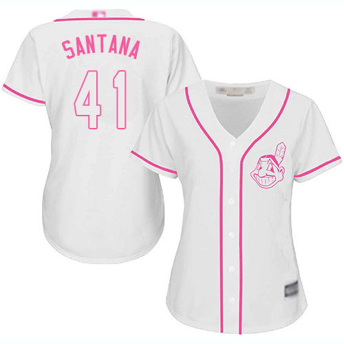 Indians #41 Carlos Santana White/Pink Fashion Women's Stitched MLB Jersey