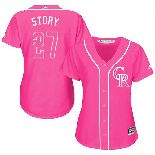 Rockies #27 Trevor Story Pink Fashion Women's Stitched MLB Jersey